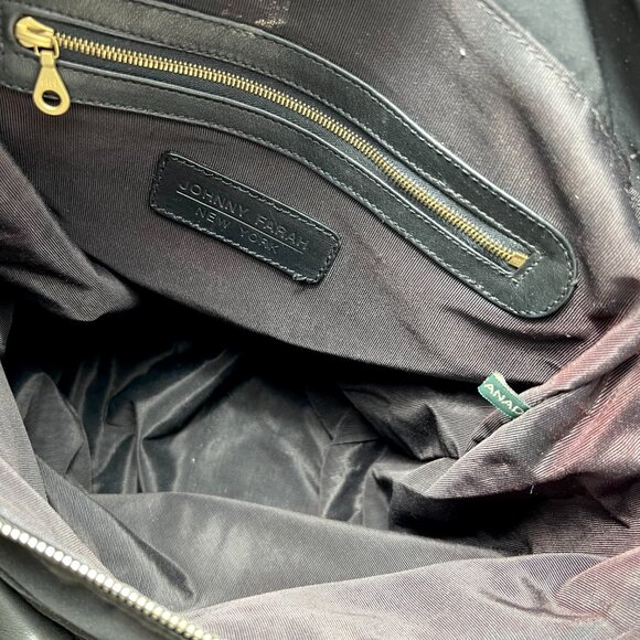 JOHNNY FARAH Black Leather/Nylon Backpack with Gold metal Hardware - Picture 9 of 12